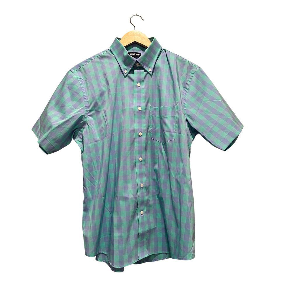 Lands End Traditional Fit Gingham Button Down Shirt Men's Medium Purple Green